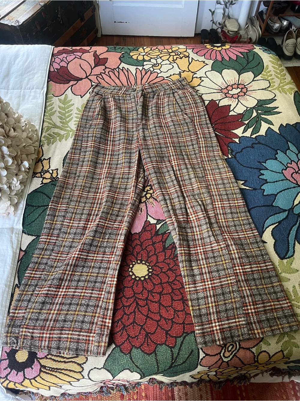 Free People Plaid Wide-Leg Trousers in Brown, Red and Yellow